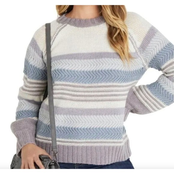 VICI Oakwood striped crewneck wool blend beige/lilac Women knit Sweater SzXL NEW - Picture 1 of 11